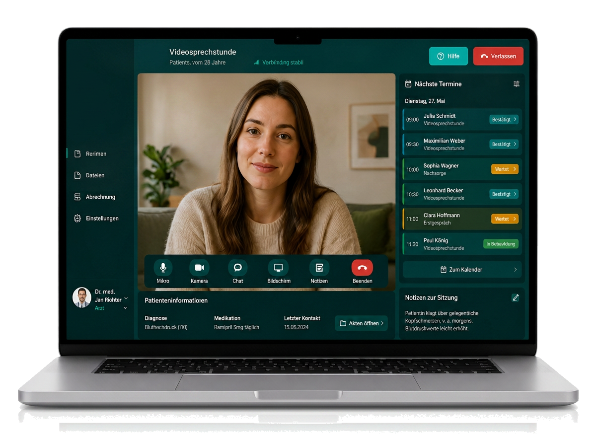 Laptop mit dem Arztarbeitsplatz der Vitamin Lounge: laufendes Videogespräch mit einer Patientin, daneben Terminkalender und Notizen