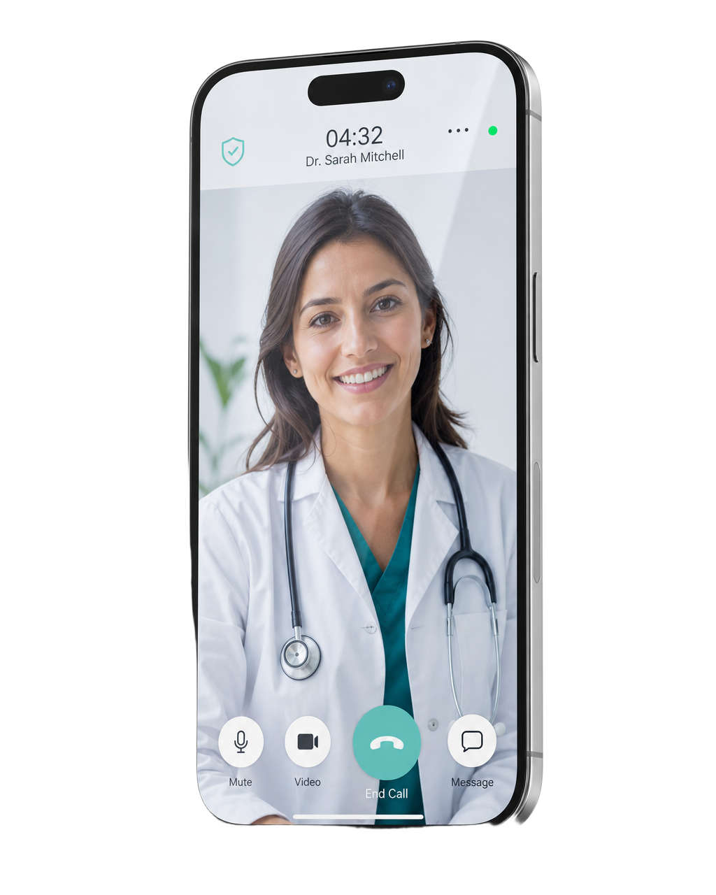 Smartphone mit laufendem Videogespräch: Ärztin im weißen Kittel berät eine Patientin